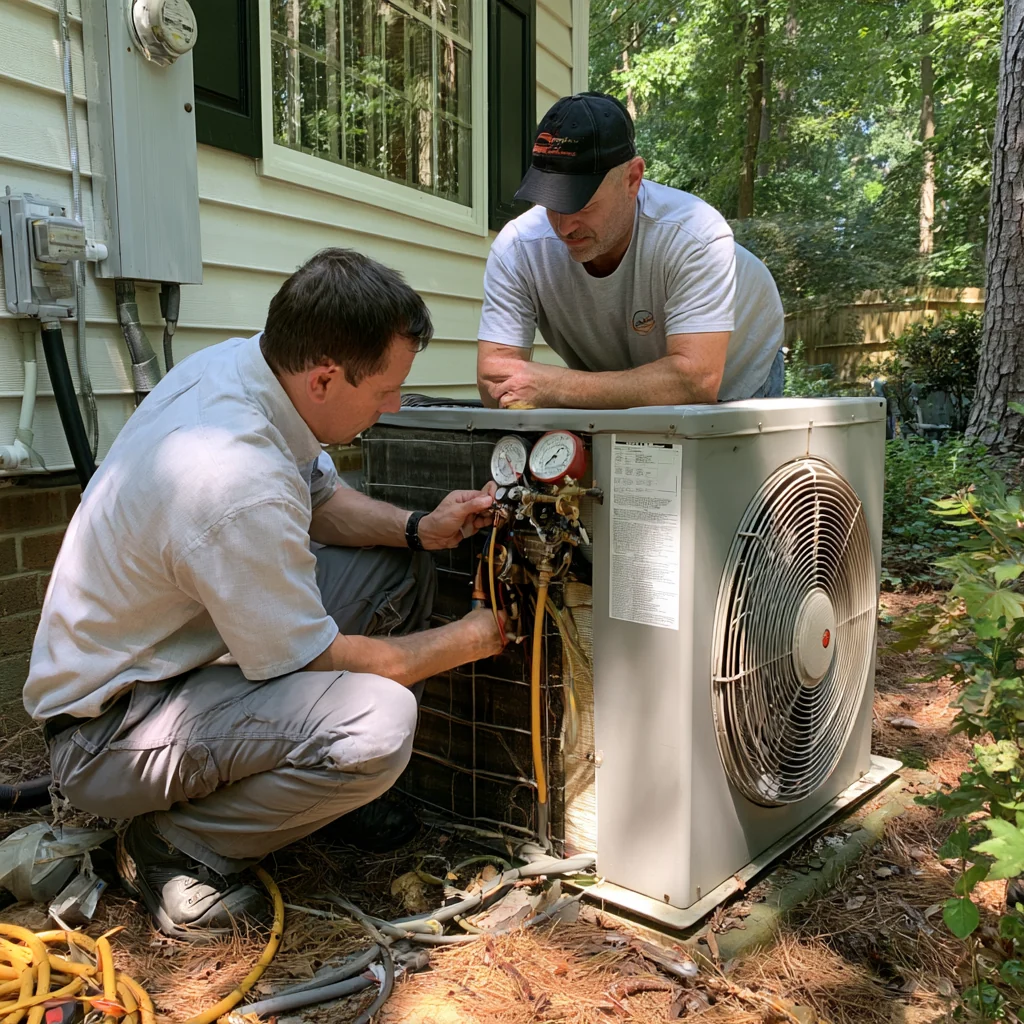Two people using pressure gauges while inspecting an outdoor air conditioner