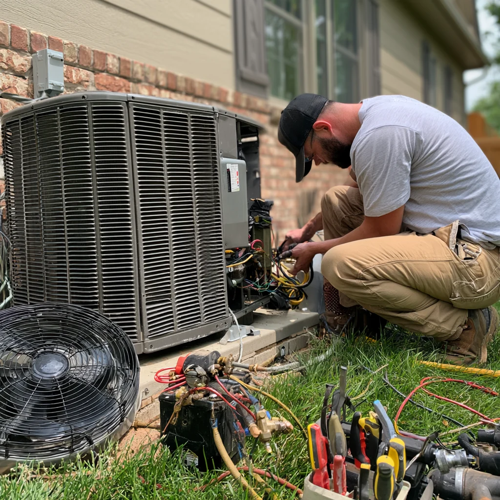 Person checking an outdoor condenser with service tools beside the unit