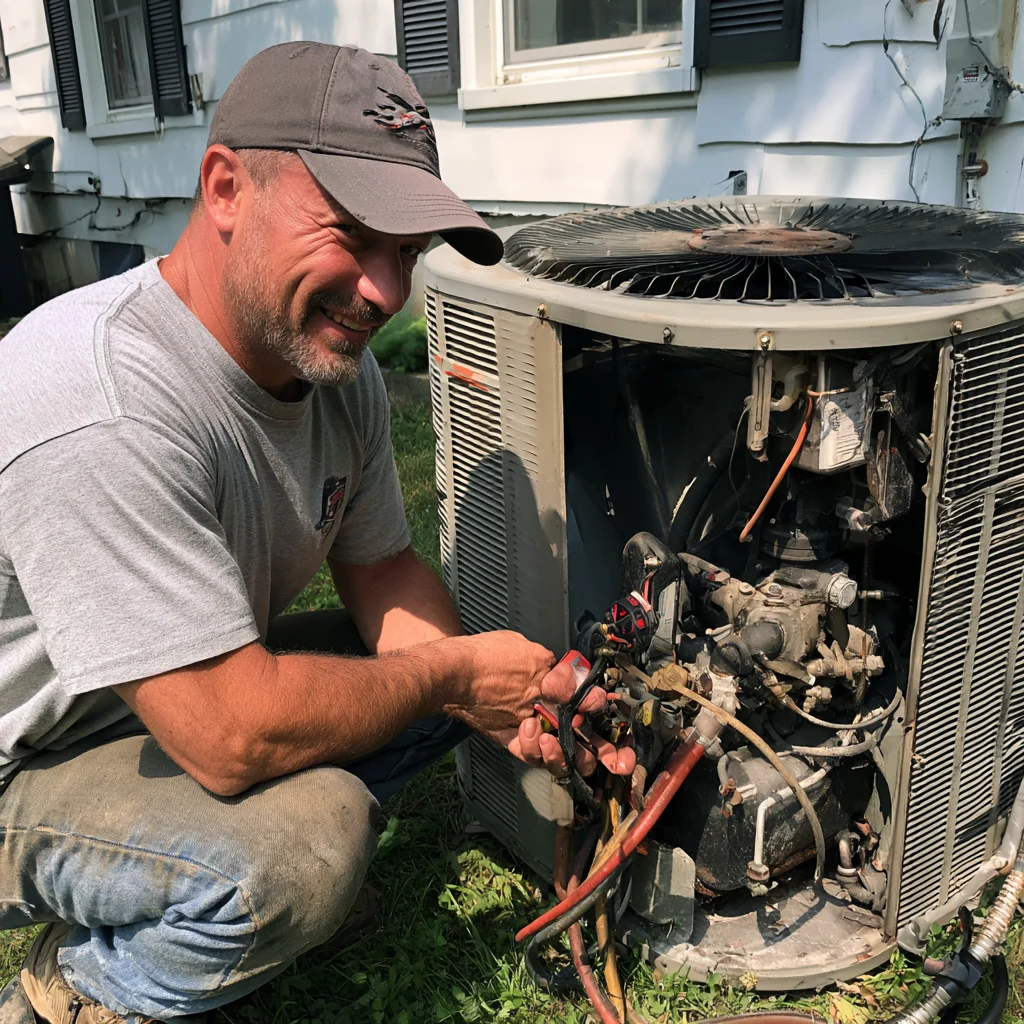 Person working on accessible components of an outdoor air-conditioning unit