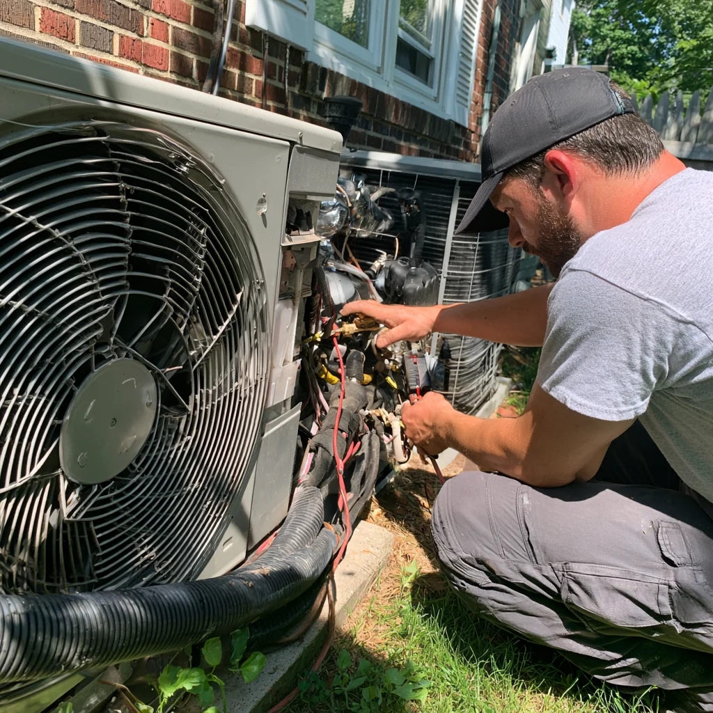 Person checking connections beside a large outdoor cooling fan