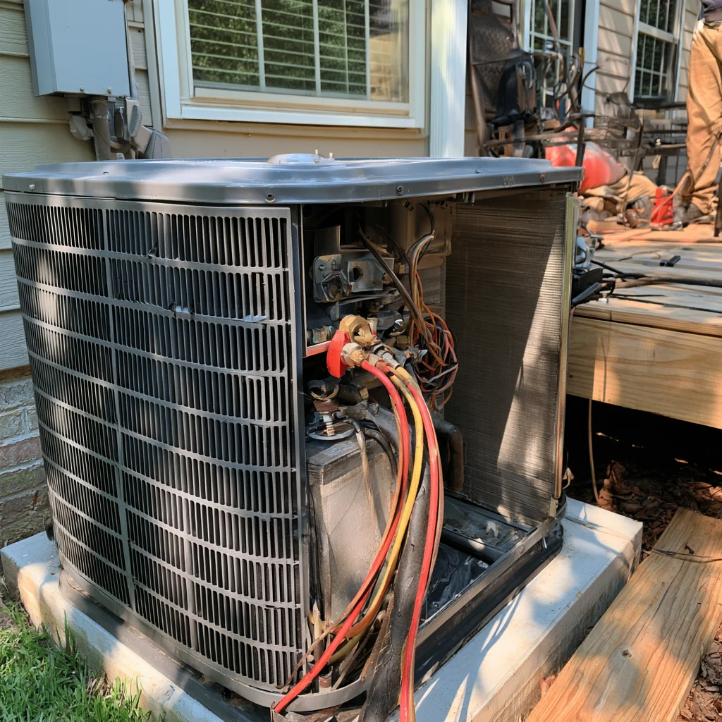 Outdoor air-conditioning condenser with an open service panel and connected hoses