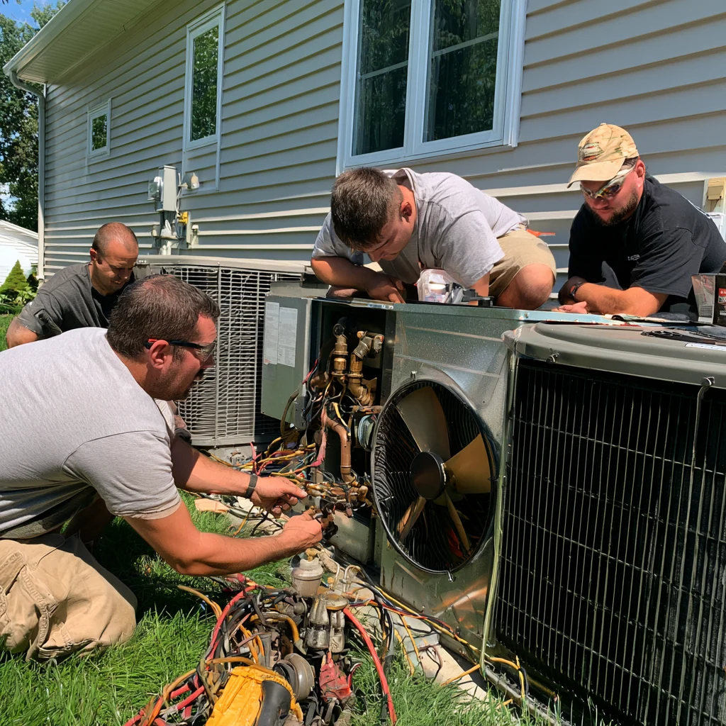 Several people inspecting multiple outdoor air-conditioning units