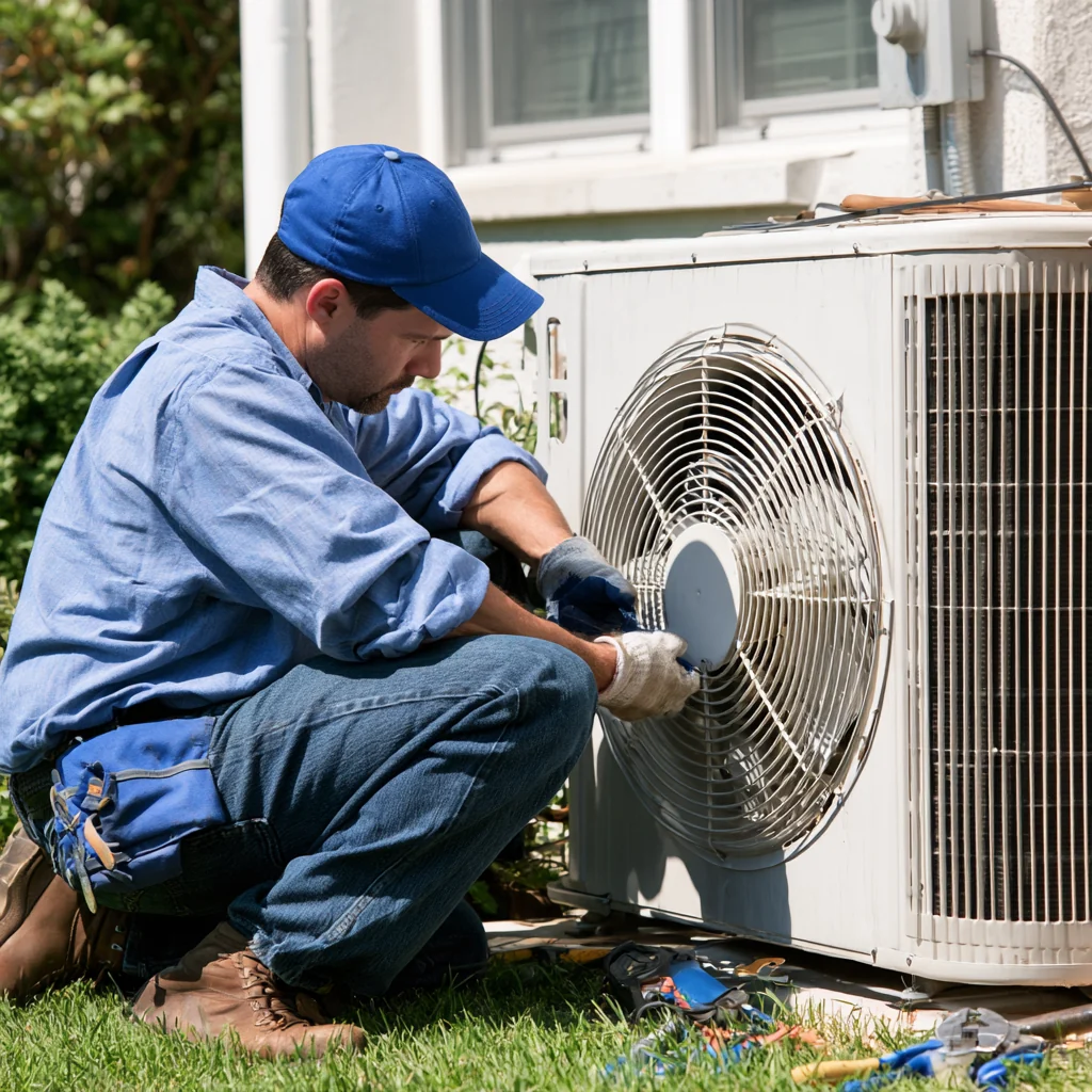 Person in a blue shirt inspecting the fan of a residential air conditioner