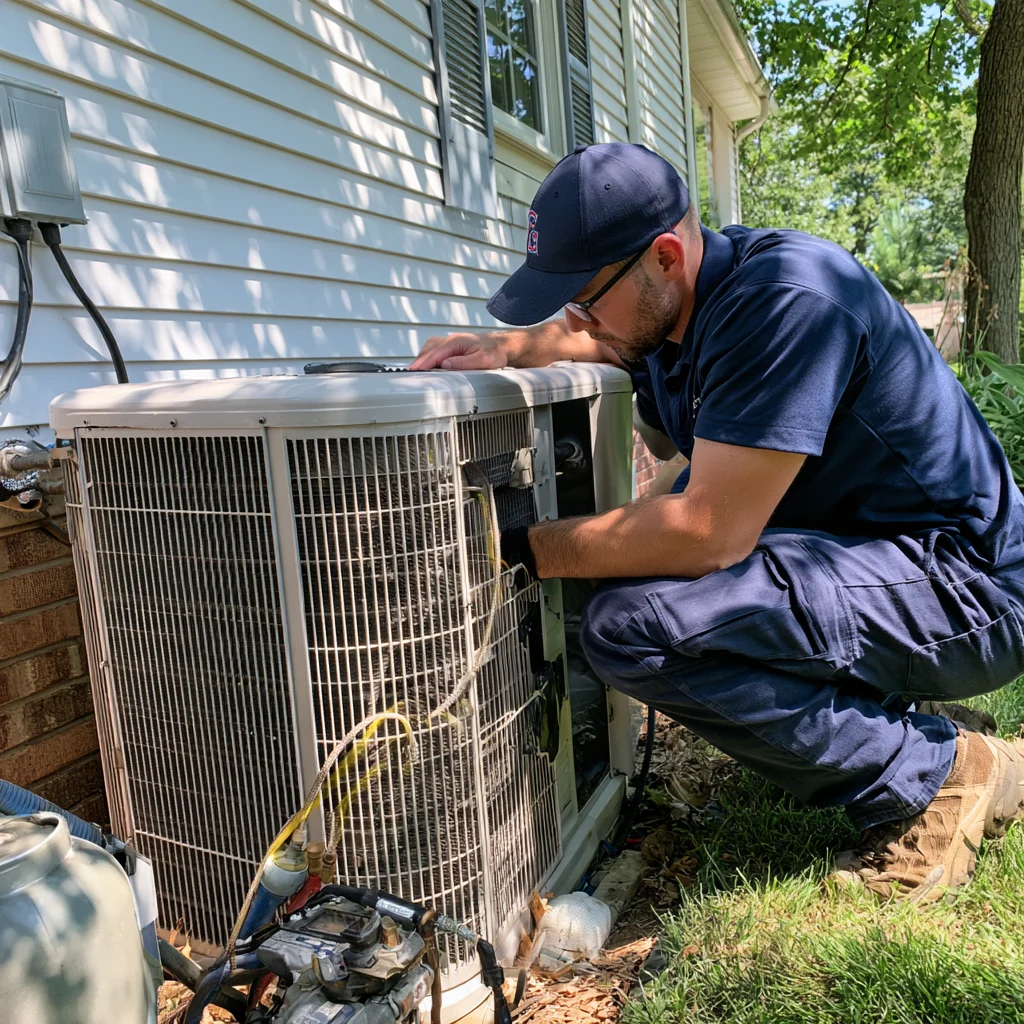 Person inspecting the side of an outdoor condenser beside a house