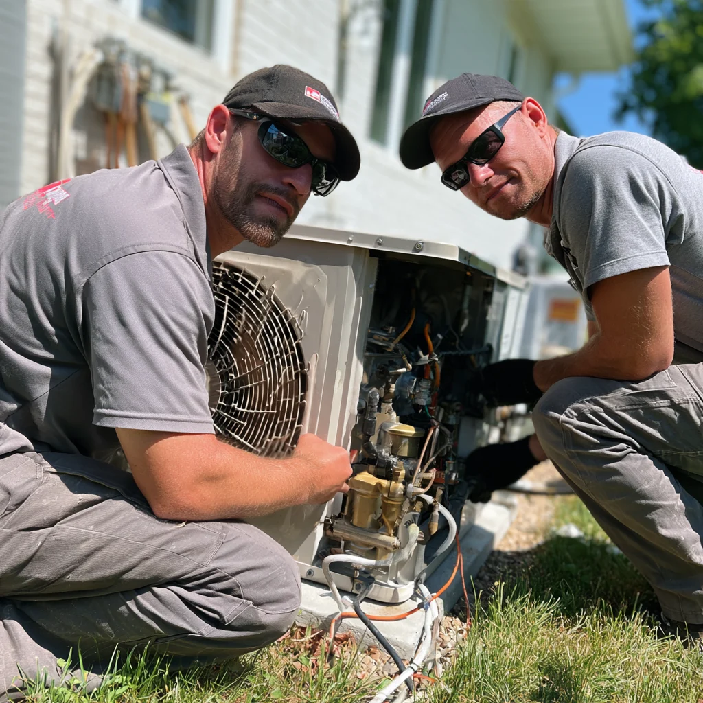 Two people beside an air conditioner with its service panel open
