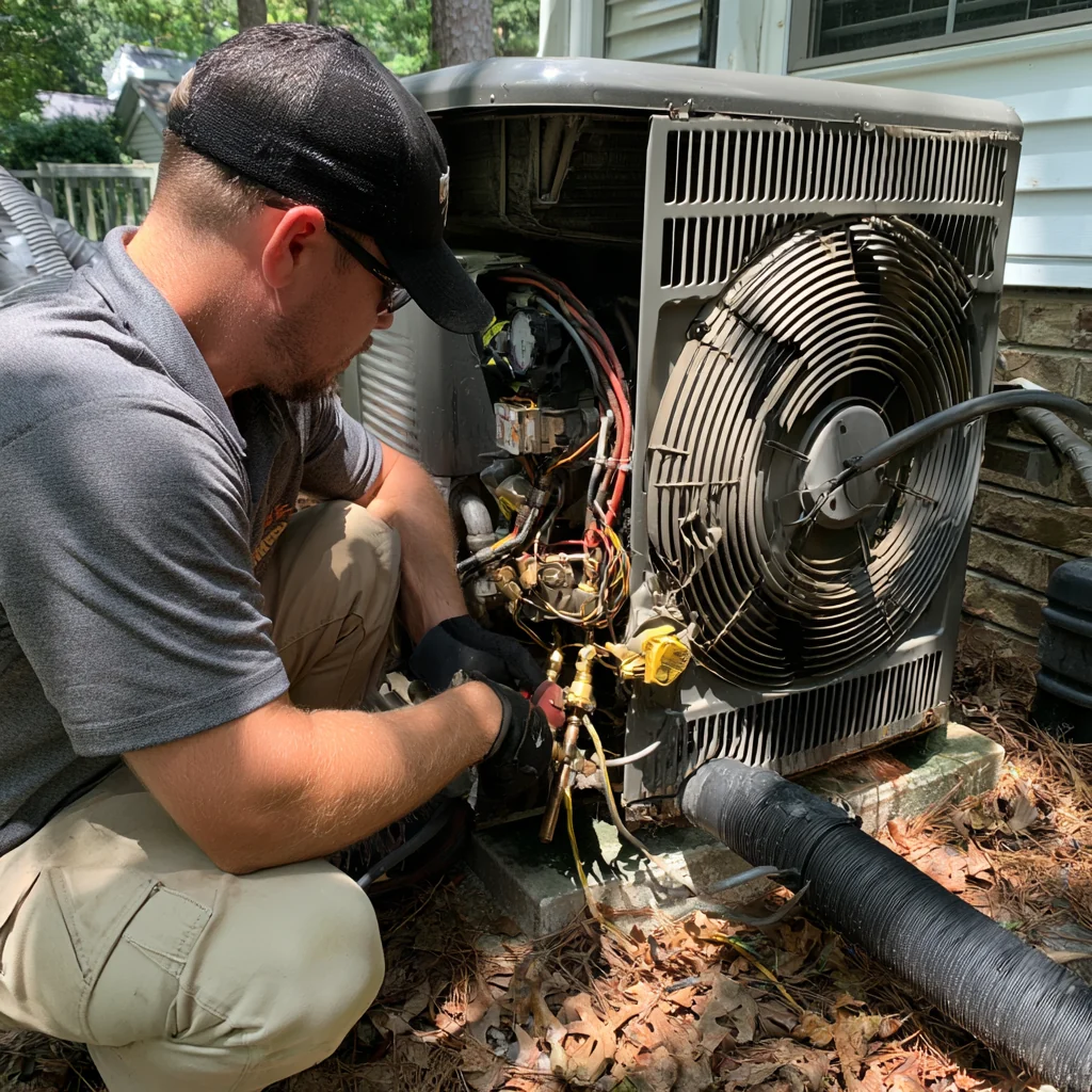 Person working beside the connections of an outdoor cooling unit
